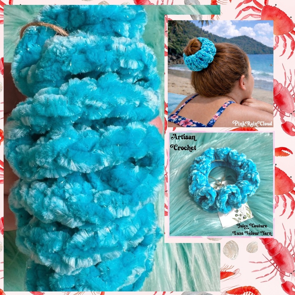Handmade VELVET Ice Blue Crochet Scrunchie Sparkle Large Hair Tie PinkRainCloud
